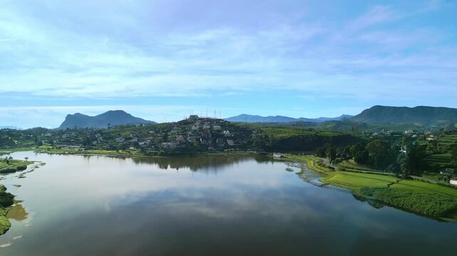 Aerial Drone Flyover From Lake Gregory To Nuwara Eliya Town Center