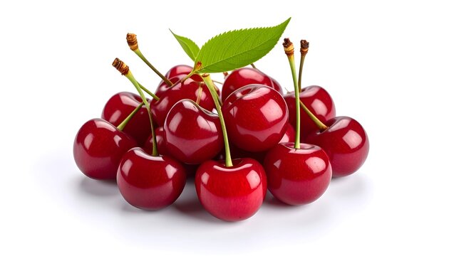 A cluster of ripe, red cherries with stems and leaves on a white background