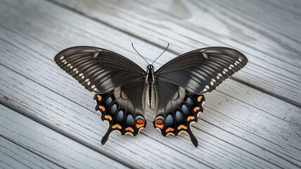 Striking Black Swallowtail Butterfly Exhibiting Intricate Wing Details on Wood