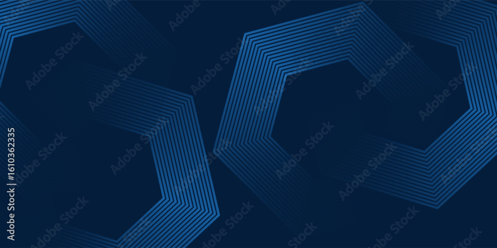 Poster modern abstract geometric background with dark blue tones and layered hexagonal line patterns creati