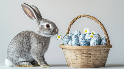 Easter Bunny Smells Basket. Rabbit finds blue patterned Easter eggs in wicker basket. Use for design, card, web.