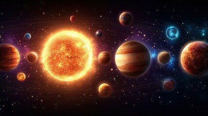 Colorful Planetary System with Bright Sun and Diverse Planets