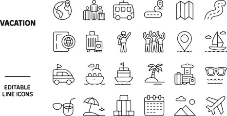 A set of 24 black line art icons for travel, tourism, and vacation concepts