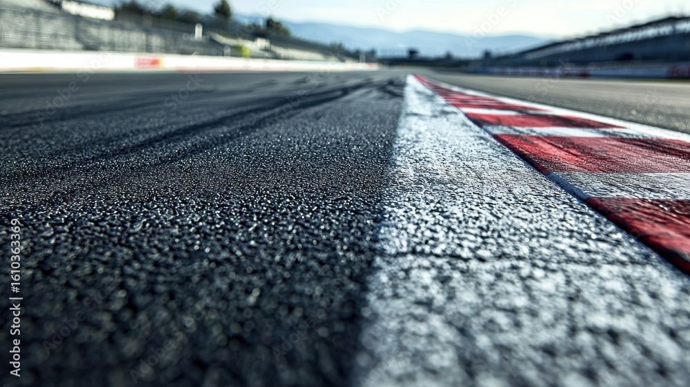 Wall mural a close-up shot of an empty f1 track showcasing the smooth asphalt surface and grid lines, set in a 
