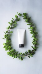 Natural beauty product presentation in a minimalist setting with leaves