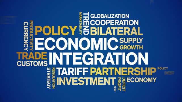 Economic integration animated word cloud-text design animation tag kinetic typography seamless loop.