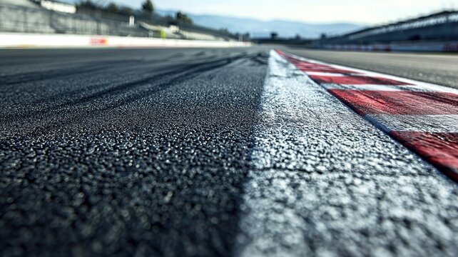 A close-up shot of an empty F1 track showcasing the smooth asphalt surface and grid lines, set in a serene outdoor environment, perfect for racing enthusiasts.