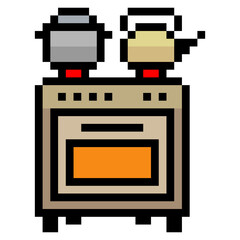 Stove with cooking pot and kettle in pixel art style isolated on white background