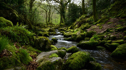 Obraz premium Lush Mossy Stones Line Woodland Stream