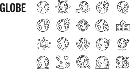 Fototapeta premium A set of 25 globe-themed line art icons. Vector symbols for global concepts and travel.