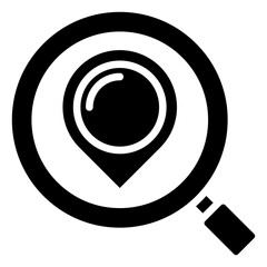 Location Scan Glyph Black Silhouette Icon Vector Design - Search lens over a layered location marker, representing area analysis or local tracking