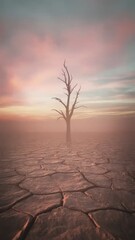 Solitary barren tree standing in parched land at golden hour casting long shadows