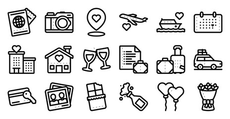 Honeymoon icon set related to couple, love, travel, vacation, romantic, romance, and others. vector illustration with line and outline style
