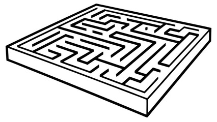 Isometric view of a complex black and white maze with a small sphere inside on a white background