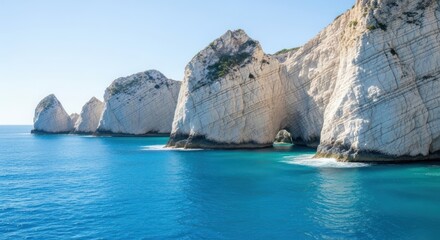 Coastal cliffs rise from turquoise sea under clear sky