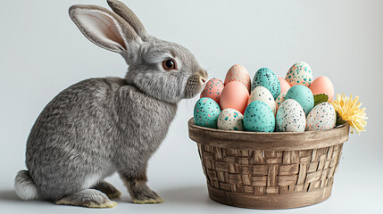 Bunny admires Easter eggs. Illustration shows rabbit with basket of colorful eggs, suitable for greeting cards, web, design, and marketing for the spring holidays.