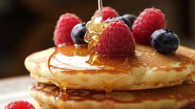 Close-up pouring honey over pancakes with fresh berries