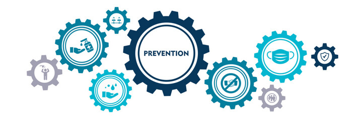 Infection prevention and control banner web icon for virus lockdown, wash hands, avoid touching, wear mask, social distance, use alcohol based and work from home. Minimal vector infographic. 