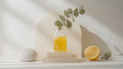 Sun-kissed citrus still life with eucalyptus and geometric props composition