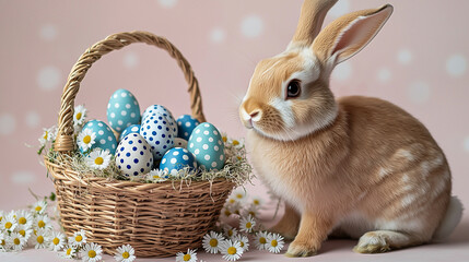 Easter bunny poses by basket. Blue eggs, daisies. Pastel backdrop. Springtime holiday graphic for web, marketing.