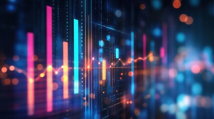 Fototapeta premium success theme, featuring abstract rising bar charts and glowing market trends, copy space, background blur