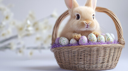 Bunny Peeks from Easter Basket. Cute rabbit sits among floral eggs. For seasonal marketing, graphic design, spring ads, cards, web elements.