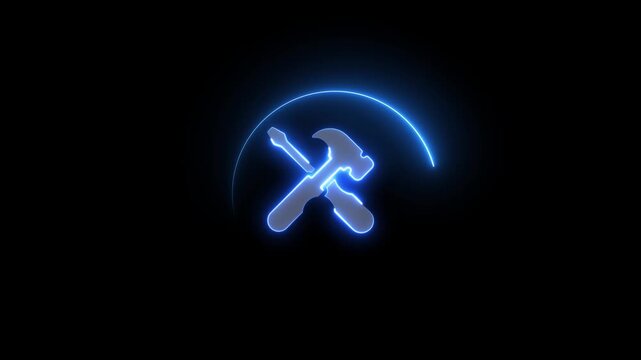 Glowing neon Wrench and hummer icon with neon gears . Craftsman tool sign and symbol, repair icon animation , neon sign .