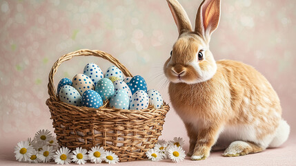 Easter Bunny sits by basket of blue polka dot eggs. Cute, cheerful, spring, festive. For web, marketing, design, editorial.