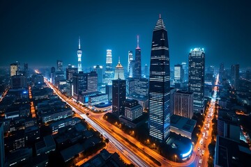Fototapeta premium Explore guangzhou china cityscape at night, aerial view of urban skyline with illuminated skyscrapers