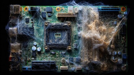 Dusty circuit board, spiderweb