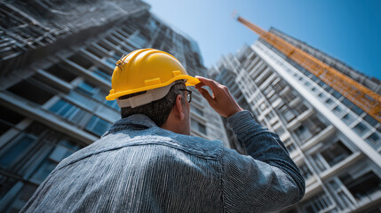 “Construction worker hard hat safety building architecture inspecting modern urban development