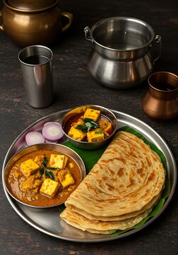 Traditional Indian Family Lunch with Paneer Curry and Kerala Parotta in Rustic Kitchen