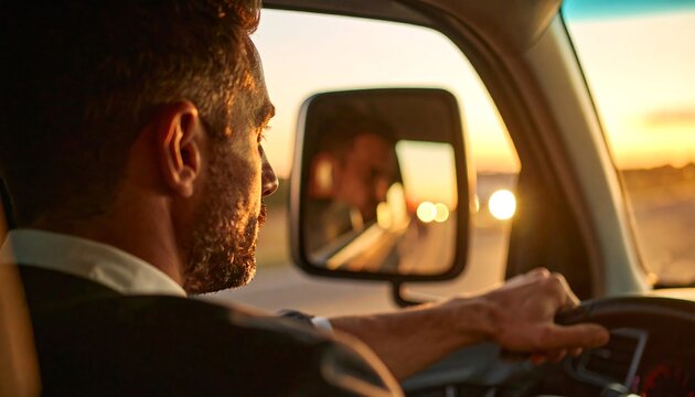 Man Driving Van at Sunset with Sunlit Face in Side Mirror - Powered by Adobe