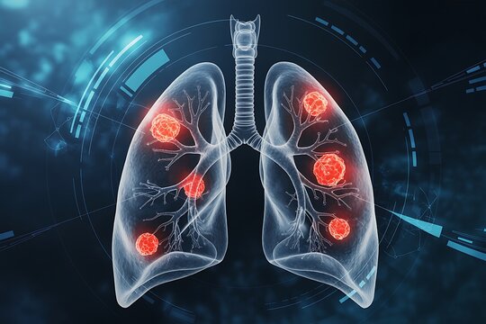 Advanced lung cancer medical illustration for pharmaceutical education and research projects with digital overlay