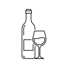 Wine Bottle and Glass Outline Vector, Alcoholic Beverage Illustration