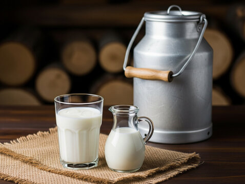 A glass of fresh milk served with a glass jug and metal can creates a warm and natural countryside atmosphere. - Powered by Adobe