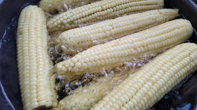 Boiling corn cobs. Close up of white fresh corn cobs in boiling water