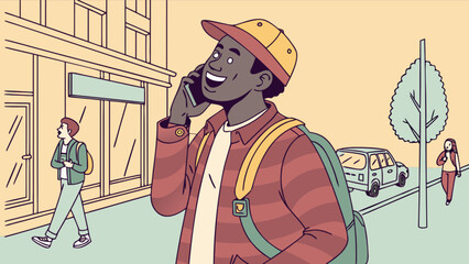 Illustration of a student on a phone call walking in the city with backpack and urban background scene