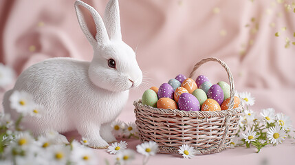 Rabbit with Easter basket evokes spring. Pastel palette suits design, marketing, web use. Celebratory, cute, and fun.