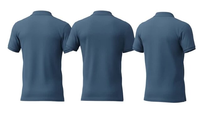 Blue polo shirt mockup; three views; white background; apparel design