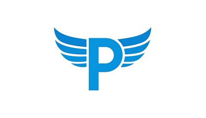 Blue letter P flanked by stylized wings