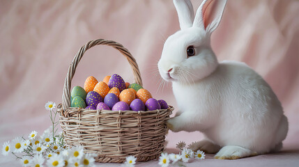 Easter bunny guards colorful eggs in wicker basket. Concept for design, marketing, spring holidays, web. Festive, decorative, seasonal.