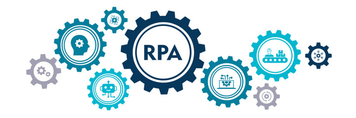 RPA Web Banner Icon Vector Illustration Concept For Robotic Process Automation Innovation Technology With Robot, Ai, Artificial Intelligence, Automation, Process, Settings And Processor Icons
