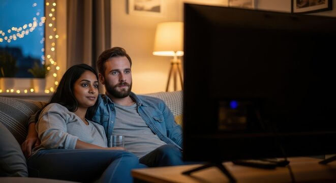 Couple watching television together in a cozy living room