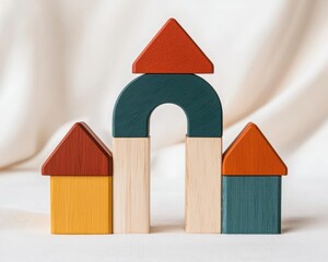 Creative wooden puzzle blocks with cozy textures, warm natural colors, and a playful interactive design