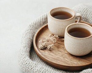 Handcrafted wooden tea set with tiny cups, soft neutral tones, and a cozy storytelling aesthetic