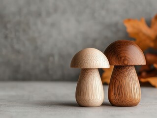 Handcarved wooden mushroom figurines with a cozy forestinspired theme and soft rounded edges