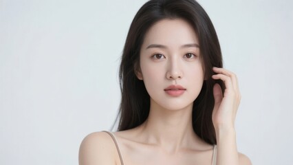 A person with long dark hair gently touching their face against a plain background.