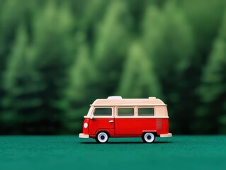 Wooden toy camper van with handcrafted details, tiny windows, and a cozy adventureready design