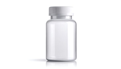 Clear, empty pill bottle with white cap, isolated on white background, reflecting slightly